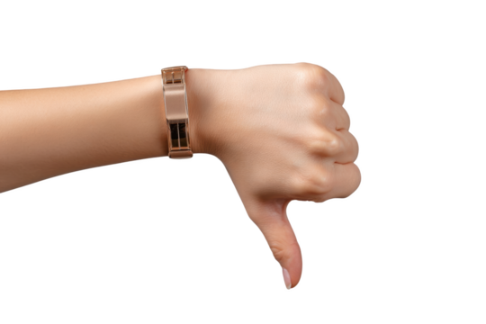 Woman hand showing thumbs down gesture with rose gold bracelet no bad arm on transparent background