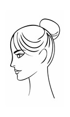 Continuous line drawing of a woman's profile with a bun hairstyle on a background
