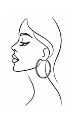 Continuous line drawing of a woman's profile with closed eyes hoop earring face side