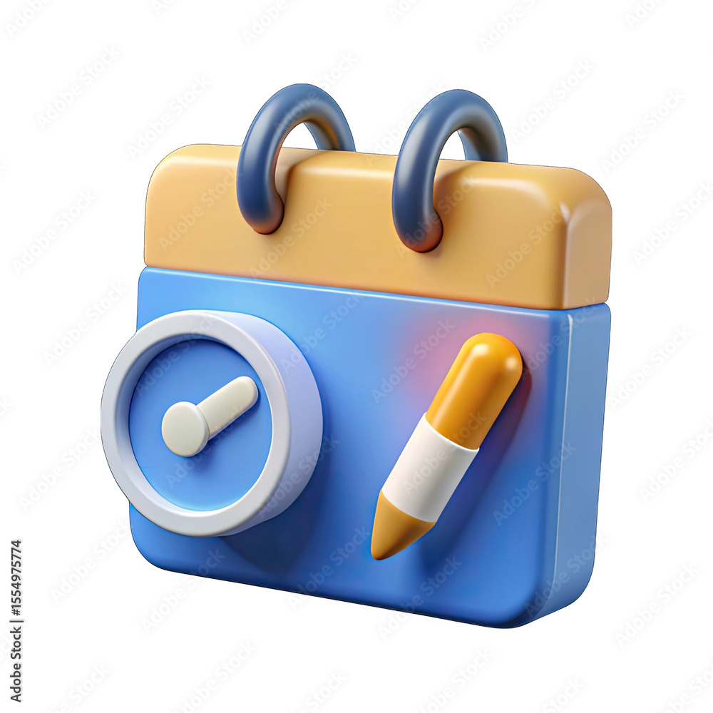 Fototapete 3d calendar icon with a clock and pencil isolated on transparent background