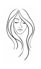 Continuous line drawing of a woman's face with closed eyes flowing hair on background