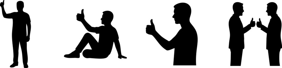 Silhouettes of a man in various poses, including standing, sitting, giving thumbs up, and interacting with another person.