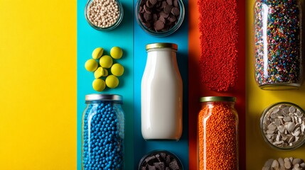 Bright yellow and blue split background with candy cereals milk jars and snacks for playful product photography