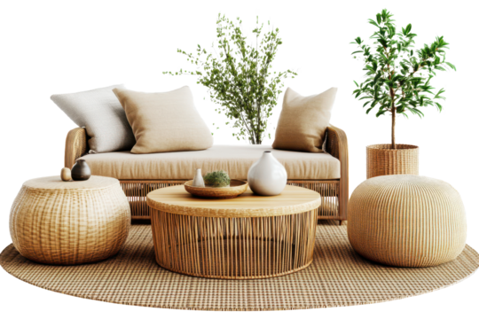 Rattan furniture arrangement featuring a comfortable sofa, decorative poufs, and potted plants in a minimalist indoor setting