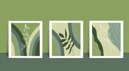 Abstract wall art gallery, set of 3 floral print, design with hand-drawn lines in trendy olive colors. Contemporary art, poster, collage, social networks, stories. Vector illustration in a fashionable