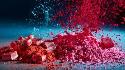 Exploding pink red powder with makeup blocks for beauty cosmetic texture concept photography on black background scene