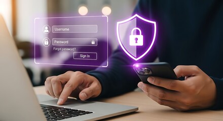 Person using laptop and smartphone with digital login screen and purple security shield graphic overlay