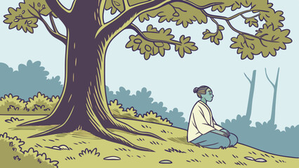 Obraz premium A person meditating under a large tree with green leaves in a serene outdoor environment illustration