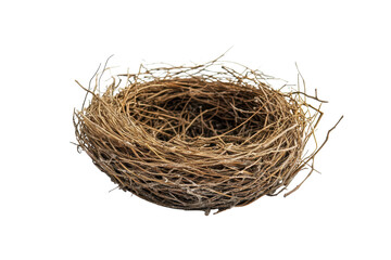Obraz premium Empty bird nest crafted from twigs and branches isolated on a clean white background with no visible debris or feathers