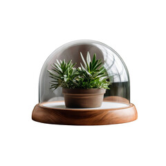 Succulent Plant Under Glass Dome on Wooden Base