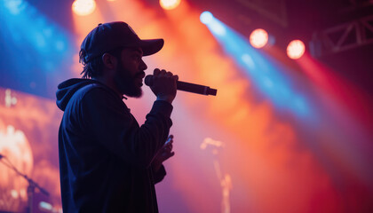 Dynamic silhouettes of musicians perform rock and jazz music on stage, featuring a singer with a microphone, guitarists, and a saxophonist, ideal for a concert poster illustration