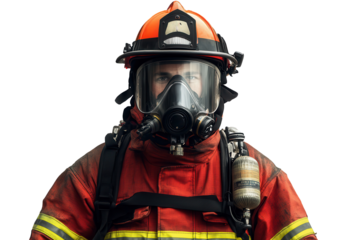Dedicated firefighter posing confidently in full gear with protective mask and helmet, ready for action in emergency situations