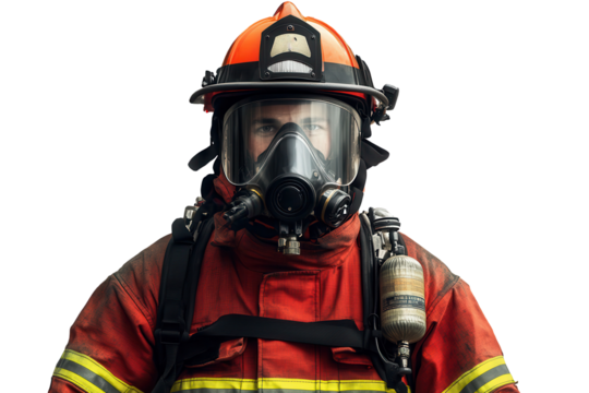Dedicated firefighter posing confidently in full gear with protective mask and helmet, ready for action in emergency situations