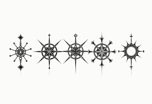A collection of five ornate and stylized black compass rose symbols in a vintage tattoo style, perfect for navigation, adventure, and fantasy map design elements.
