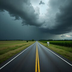 Fototapeta premium road to the storm, with fields of green grass on the right and left and ditches