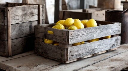 Lemons stacked in wooden crate on floor for citrus product photography natural fruit harvest composition layout