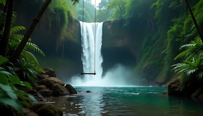Peaceful Jungle Waterfall Scene with Wooden Swing Above Crystal Waters

Serene Waterfall Oasis in the Jungle Featuring a Rustic Swing

Tropical Paradise with Clear Water, Waterfall, and Hanging Wooden