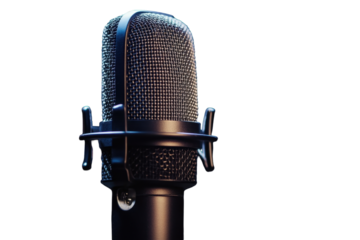 Professional classic black microphone positioned against a blurred background with subtle lighting highlighting its design and details