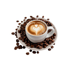 Aromatic Latte Art Heart-Shaped Cappuccino on a Bed of Coffee Beans