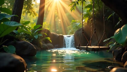 Peaceful Jungle Waterfall Scene with Wooden Swing Above Crystal Waters

Serene Waterfall Oasis in the Jungle Featuring a Rustic Swing

Tropical Paradise with Clear Water, Waterfall, and Hanging Wooden