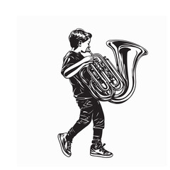 Happy Boy Play Festival Music with Tuba during Parade Marching image vector isolated on white background. © Istianah