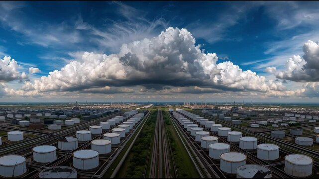 This stunning aerial photograph showcases the extensive network of oil storage tanks, juxtaposed against a dramatic cloud-filled sky.