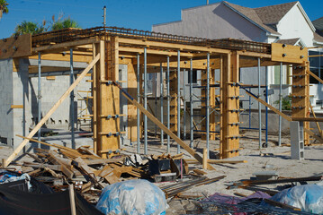Modern Construction Framework with Wooden Beams and Steel Supports on Sunny Day in Florida....