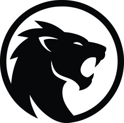 Silhouette roaring lion head in circle emblem Vector illustration
