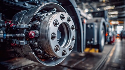 Stunning photo of detailed close-up of a semi-truck axle, showcasing its intricate pneumatic system in a mechanical workshop.