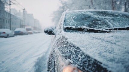 Stunning photo of frozen car windshield wipers covered snow. Winter morning car covered in snow and ice. Car blocked by snow, ice. Cold weather, transport issues, winter driving.