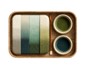 Artistic Color Palette with Wooden Tray and Ceramic Bowls