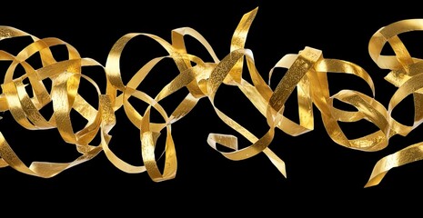 Gold ribbons swirling on black background