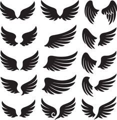 Fototapeta premium Collection of Black Angel Wings Silhouettes and Icons
