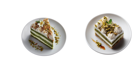 Set of a slice of matcha green tea cake arranged on a white plate isolated on transparent or white background