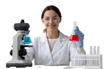 Smiling female scientist holding erlenmeyer flasks in a lab setting with on transparent background