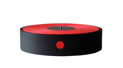 Red-top, black-base circular device.  A  compact,  round object with a vibrant red top and a dark gray or black bottom.
