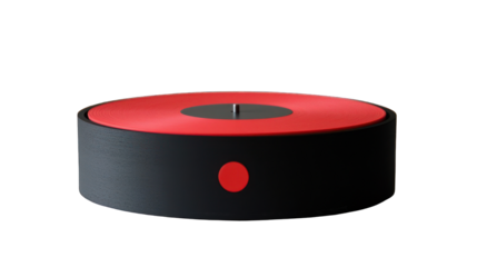 Red-top, black-base circular device.  A  compact,  round object with a vibrant red top and a dark gray or black bottom.