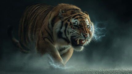 Obraz premium A ferocious tiger lunging forward with lightning effects and an intense expression on its face