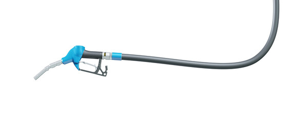 Yellow filling pistol (gasoline pistol) for fuel dispensing with black hose, isolated on transparent background. 3D illustration