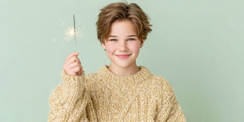 Smiling young caucasian boy holding sparkler against light green background