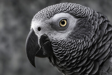 Fototapeta premium Close-up image of an African grey parrot, detailed texture of feathers and beak, minimal background