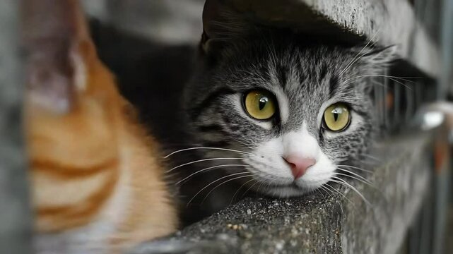 Close-up of Two Curious Cats Peeking Through Fence