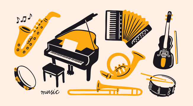 Musical instruments set. Musical school concept. Saxophone, trumpet, drum, flute, waldhorn, French horn, violin, piano, tambourine, accordion. Hand drawn Vector illustration. Isolated design elements