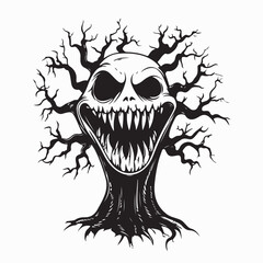 Scary Old Tree Monster With Big Mouth and Sharp Fangs Vector Design