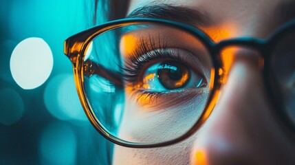 Close-up of eye with stylish eyeglasses and lights for vision healthcare fashion optical branding design photography scene