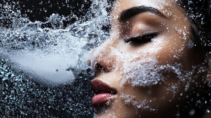 Close up of woman's face splashing in water for skincare product photography beauty fresh concept natural visuals