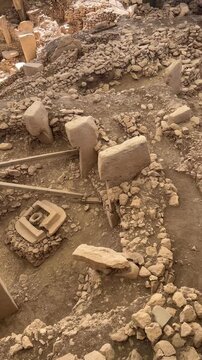 T-shaped stone pillars at G&ouml;bekli Tepe, the world&rsquo;s oldest known temple complex in Turkey. 4k vertical video
