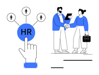 Hand clicking HR button with network diagram, professionals shaking hands holding documents. Ideal for recruitment, human resources, hiring, collaboration, teamwork, business management, simple flat