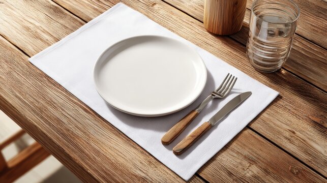 Stunning photo of white fabric placemat sits atop a wooden tabletop in this realistic digital mockup of home decor._00003_.