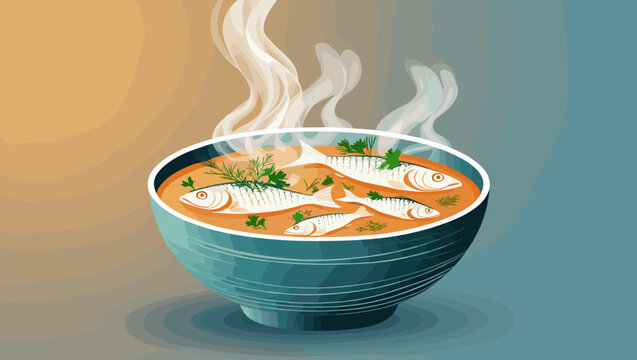 Delicious fish soup in a bowl, garnished with herbs, against a gradient background